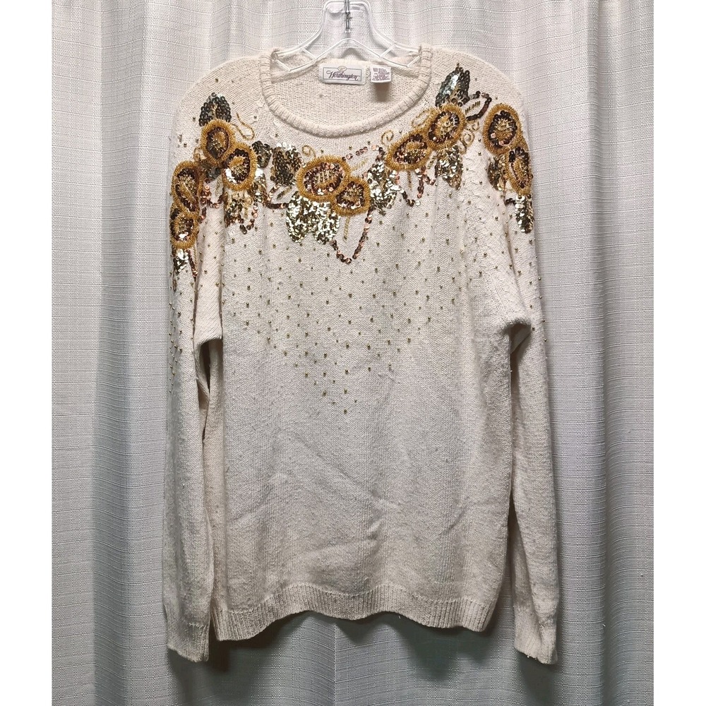 Worthington Women's Size L Cream Silk Wool Beaded Sequins Crew Neck Sweater Vtg